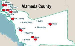 a rough map of the location of Housing Resource Centers in Alameda County