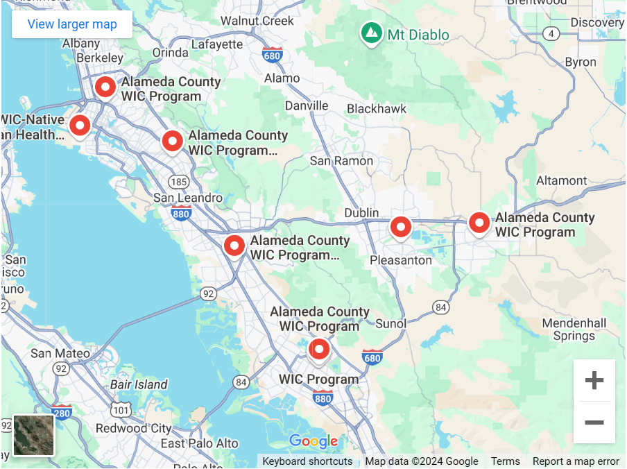 Picture of a google map of the East Bay with all WIC locations marked on it