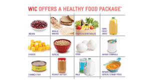 An image with different foods including beans, whole grains, fruits and vegetables, 100% fruit juice, cheese, cereal, eggs, infant formula, canned fish, peanut butter, milk, infant cereal and baby food. 
