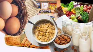 Image of eggs, cereal, fruits and vegetables, bread, milk, nuts, and beans.