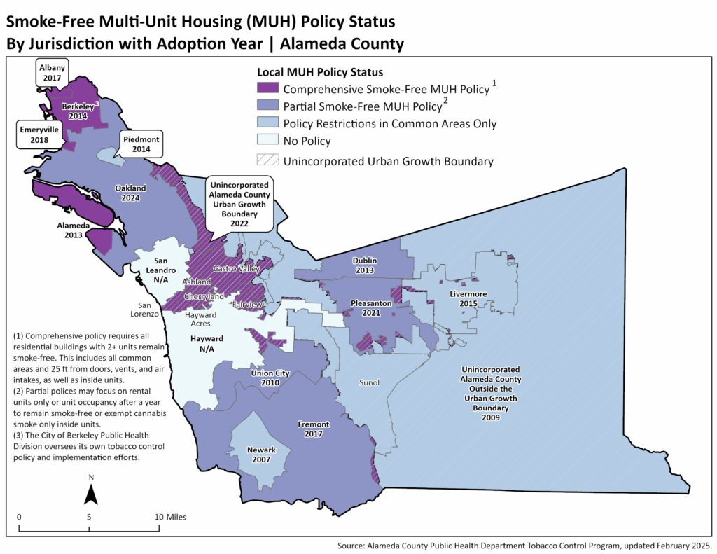 Map of Alameda County that includes the areas of the county that have smoke-free multi-unit housing policies.