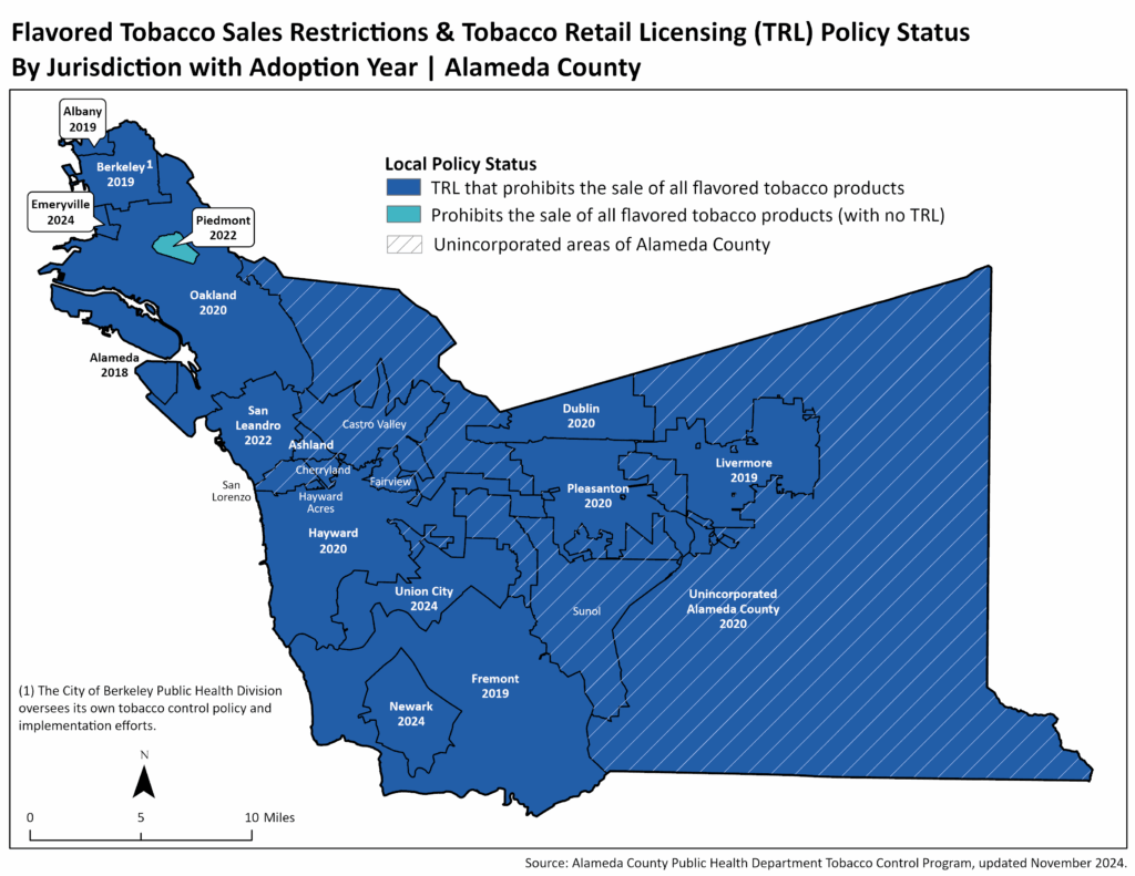Image of the areas of Alameda County with a flavored tobacco restriction and a tobacco retail license policy.