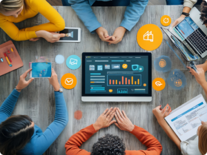 A group of people gathered around a table, looking at a computer screen displaying charts and graphs, with various icons representing business concepts floating around them.