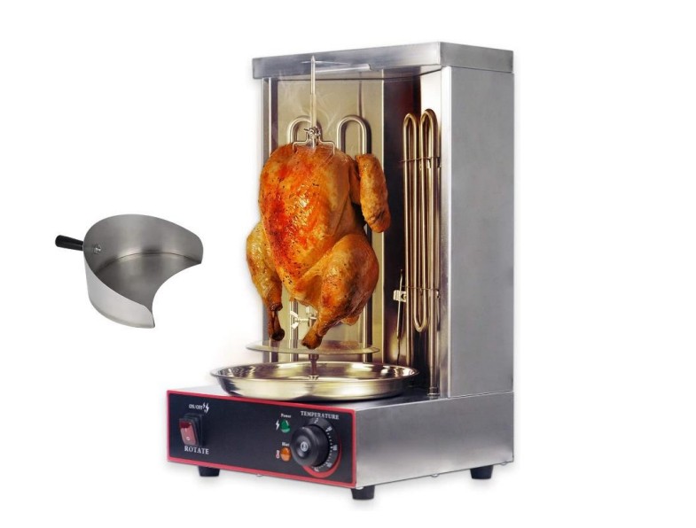 Image of a commercial-style stainless steel vertical broiler with a whole chicken roasting inside. 