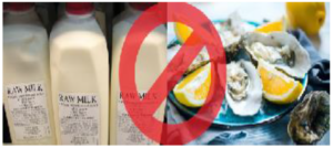 A picture of raw milk and raw oysters representing - MEHKOs may not produce, serve, or use raw milk, serve raw oysters, or any food that would require HACCP plan.