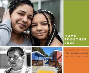 Home Together 2026 - Community Plan Year 1 Progress Update. July 1, 2021 - June 30, 2022. Photos of people experiencing homelessness.