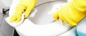 Person wearing yellow gloves cleaning a toilet seat with a cloth.