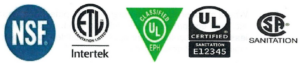 Reference image showing examples of sanitation certification marks used to identify commercial food-service equipment evaluated by ANSI-accredited programs, including NSF, ETL Intertek, UL classified EPH, UL certified sanitation, and CSA sanitation.