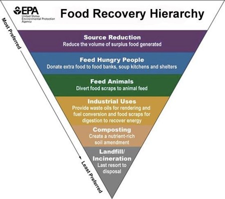 EPA Food Recovery Hierarchy shown as an inverted pyramid ranking food waste management strategies from most preferred at the top to least preferred at the bottom. The six levels are: (1) Source Reduction – reduce the volume of surplus food generated; (2) Feed Hungry People – donate extra food to food banks, soup kitchens, and shelters; (3) Feed Animals – divert food scraps to animal feed; (4) Industrial Uses – provide waste oils for rendering and fuel conversion, and use food scraps for digestion to recover energy; (5) Composting – create a nutrient-rich soil amendment; and (6) Landfill/Incineration – last resort for disposal. Labels along the left side indicate the top is "Most Preferred" and the bottom is "Least Preferred." The graphic is titled "Food Recovery Hierarchy" and includes the U.S. Environmental Protection Agency (EPA) logo.